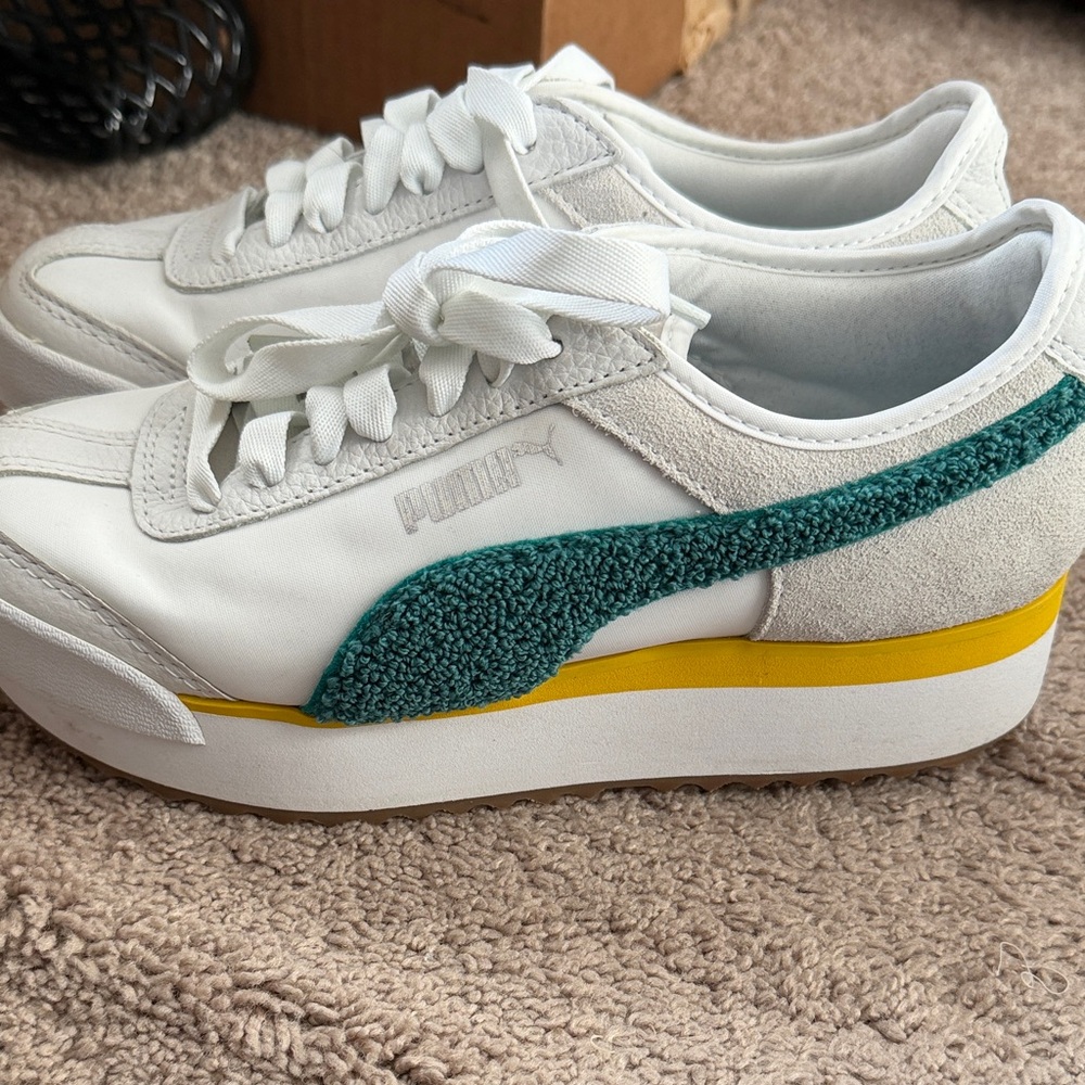 Puma Women's White and Teal Sneakers with Yellow Accent